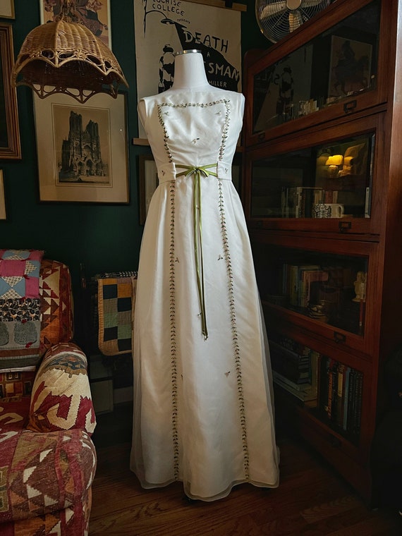 Handmade Ivory Empire Waist Maxi Dress with Pink … - image 1