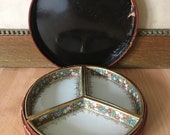 Elite Nippon Three Piece Ceramic Condiments Dish Set Hand Painted Floral Original Lacquer Box Vintage c. 1940s