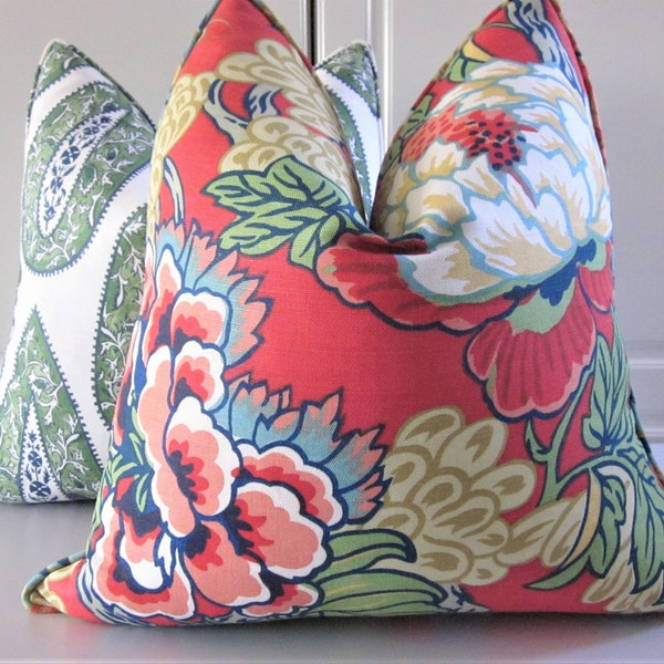 Thibaut Decorative Pillow Cover-Anna French-"Honshu" In Coral-Green-Asian Floral-Chinoiserie-18x18, 20x20