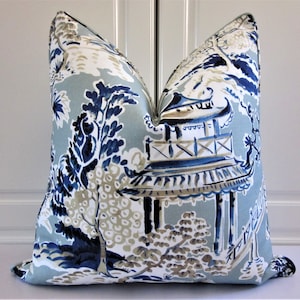 Asian Pagoda Decorative Pillow Cover-Ming Rain Chinoiserie-Aqua-Cobalt Blue-18x18, 20x20