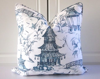 Blue Pagoda Decorative Pillow Cover-Asian Chinoiserie-18x18, 20x20, 22x22