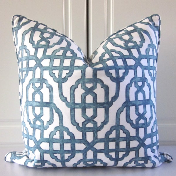 Imperial Lattice Decorative Pillow Cover Seaside Blue-Asian Trellis Geometric-18x18, 20x20, 22x22-Both Sides!