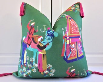 Abu Decorative Pillow Cover-Emerald Green-Pink Tassels-Camel-Arabian-18x18, 20x20, 22x22