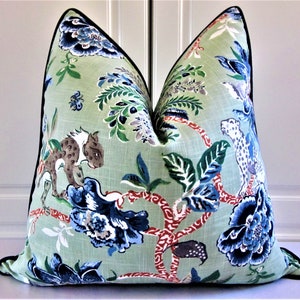 Floral Decorative Pillow Cover-Mint Green And Cobalt Blue-Wild Cats-18x18, 20x20, 22x22