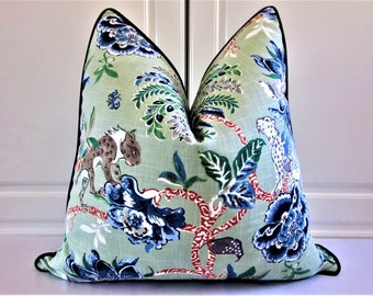 Floral Decorative Pillow Cover-Mint Green And Cobalt Blue-Wild Cats-18x18, 20x20, 22x22