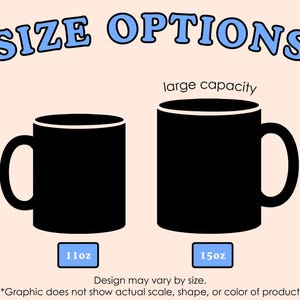 May include: Two black coffee mugs with white rims are displayed, one labeled "11oz" and the other "15oz" with "large capacity" above it. The text "SIZE OPTIONS" is at the top. The graphic does not show the actual scale, shape, or color of the product.