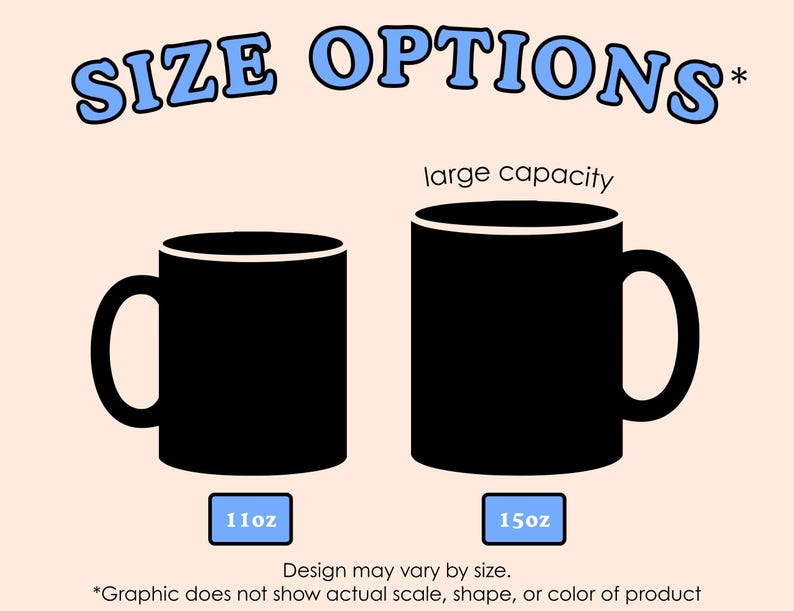 May include: Two black coffee mugs with white rims are displayed, one labeled "11oz" and the other "15oz" with "large capacity" above it. The text "SIZE OPTIONS" is at the top. The graphic does not show the actual scale, shape, or color of the product.