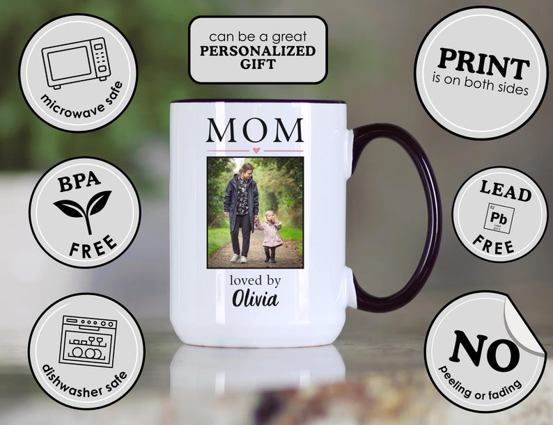 May include: White ceramic mug with a black handle and rim. The mug features the word "MOM" above a photo of a person and child, with "loved by Olivia" below. The mug is microwave and dishwasher safe, BPA and lead free, and the print is on both sides.