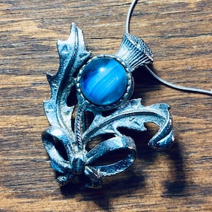 Art Deco Sterling Silver Thistle Brooch: Pale Blue Glass Stone Necklace