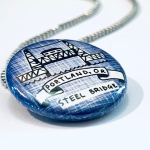Portland Necklace - Oregon State - Pendant - State Bridge - Stainless Steel Necklace