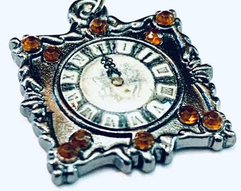 Vintage Watch Pendant Necklace: Gold Tone Gems, Stainless Steel Chain