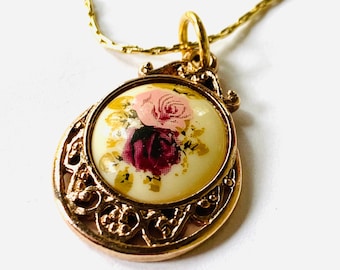 Vintage Enamel Floral Pendant - Vintage Inspired Jewelry - Floral Jewelry - 14k Chain