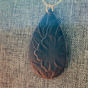 Teardrop Pendant - Floral Design - Brown Embossed Leather Pendant - Antiqued Gold Chain - JustBeadItByDrue