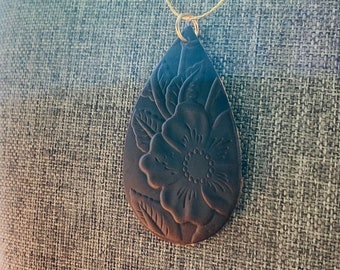 Teardrop Pendant - Floral Design - Brown Embossed Leather Pendant - Antiqued Gold Chain - JustBeadItByDrue