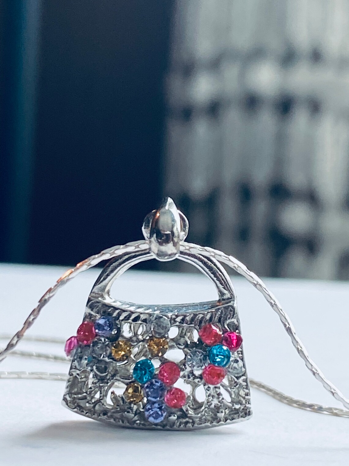 Purse Necklace Rhinestone Bag Charm Sterling Silver Etsy
