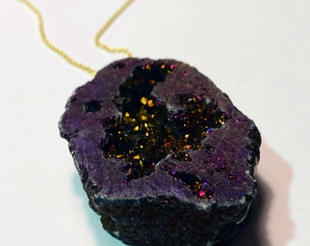 Druzy Necklace - Geode Pendant - Purple- Gold Necklace - Gemstone Pendant - JustBeadItByDrue