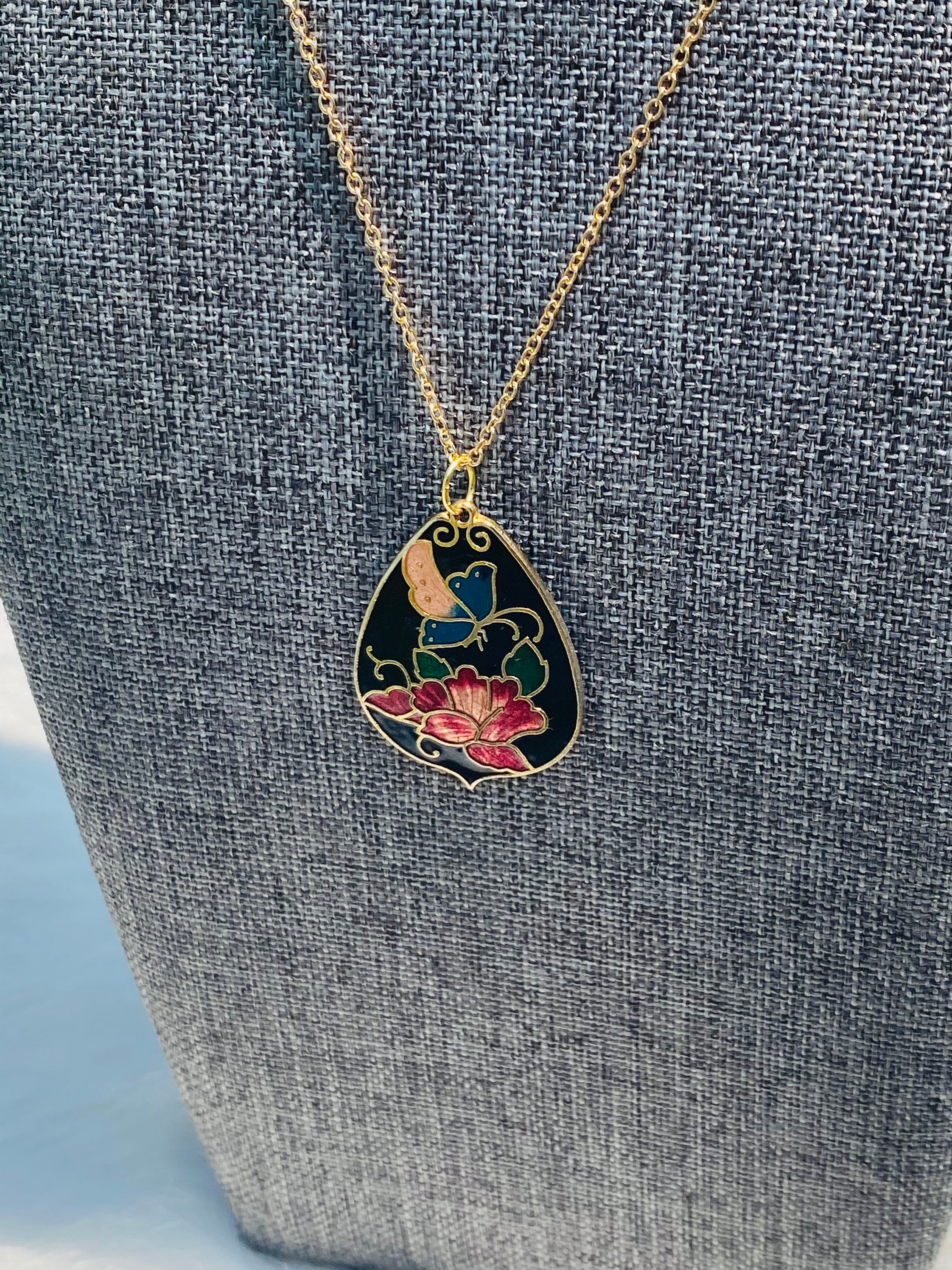 Vintage Green Flower & Cloisonne Apple W/ Butterfly Design