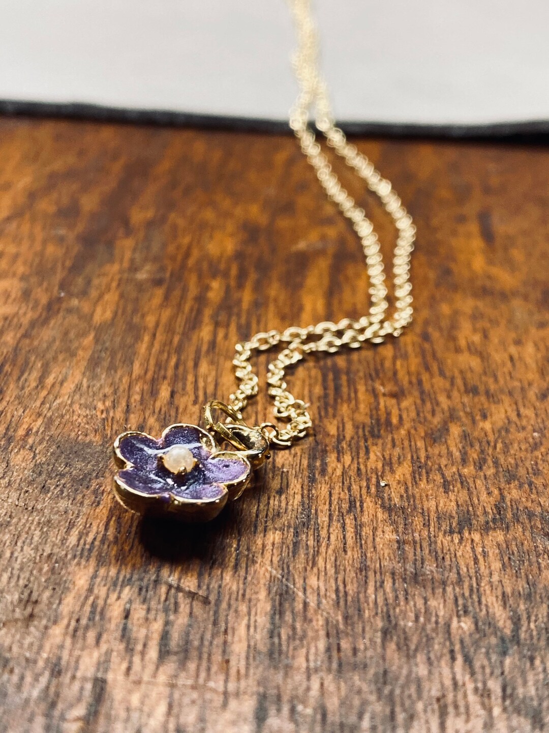 Purple Flower Charm Charm Necklace Vintage Necklace 14k Etsy
