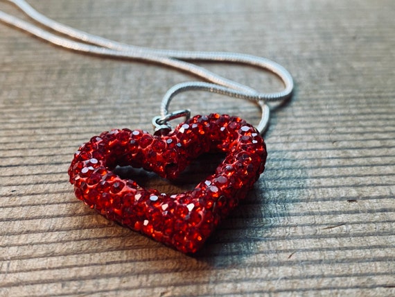 Heart Necklace Red Rhinestone Heart Pendant Love Necklace Sterling Silver Chain Love Jewelry Etsy UK