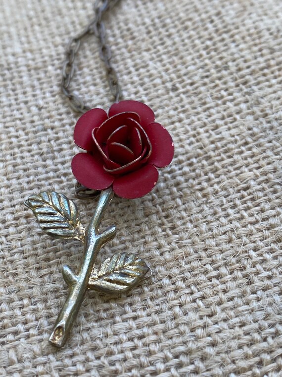 Vintage Rose Pendant - Red Porcelain Rose - Bronz… - image 5