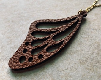 Butterfly Wing Pendant - Brown Leather Cutout Butterfly Wing - Gold Necklace - Butterfly Jewelry - JustBeadItByDrue