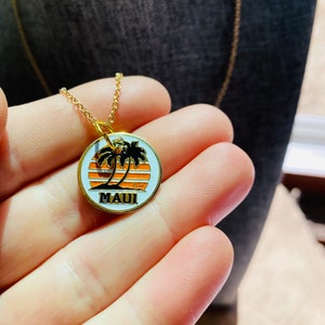 Maui Charm Necklace: Hawaii Travel Jewelry, Sunrise Palm Tree Pendant