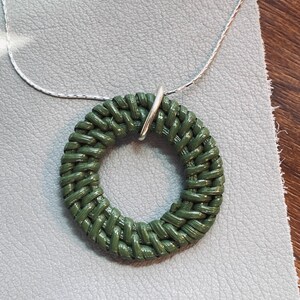 Green Woven Circle Pendant - Boho Silver Necklace