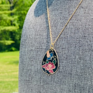Cloisonné Pendant- Cloisonne Pendant Jewelry- Retro Floral Pendant - Butterfly Pendant - Floral Necklace - JustBeadItByDrue