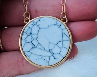 White Howlite - Marble Necklace - Circle Pendant - Minimalist Jewelry - Gold Necklace