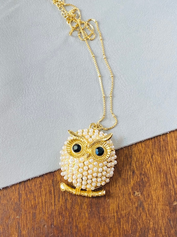Pearl Owl Pendant - Gold Owl Pendant  - 14k Gold N