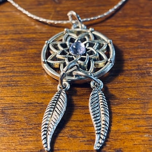 Silver Dreamcatcher Pendant -  Purple Stone - Feather - JustBeadItByDrue