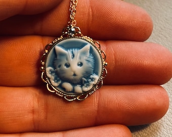 Blue Kitten Cameo Pendant - Antiqued Gold Pendant - Gold Necklace - Cat Jewelry - JustBeadItByDrue