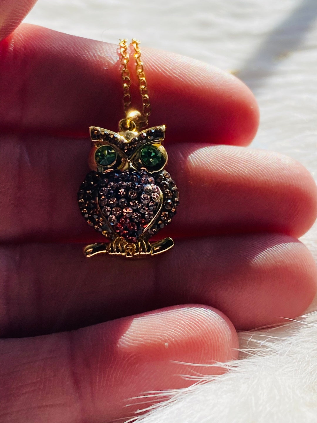 フクロウネックレス - クリスタルフクロウ - 14K ゴールドチェーン 
