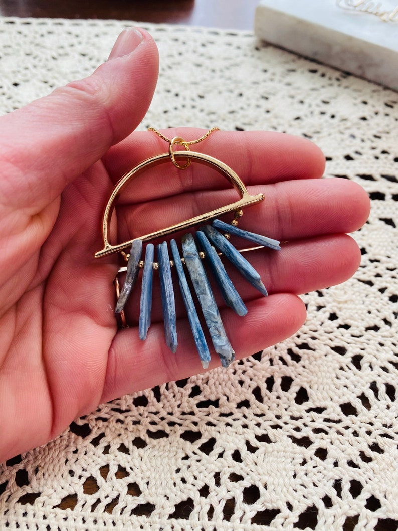 Geometric Gold Necklace Blue Crystal Necklace Stone Jewelry Blue Kyanite Selenite Pendant Boho Chic Crystal Necklace
