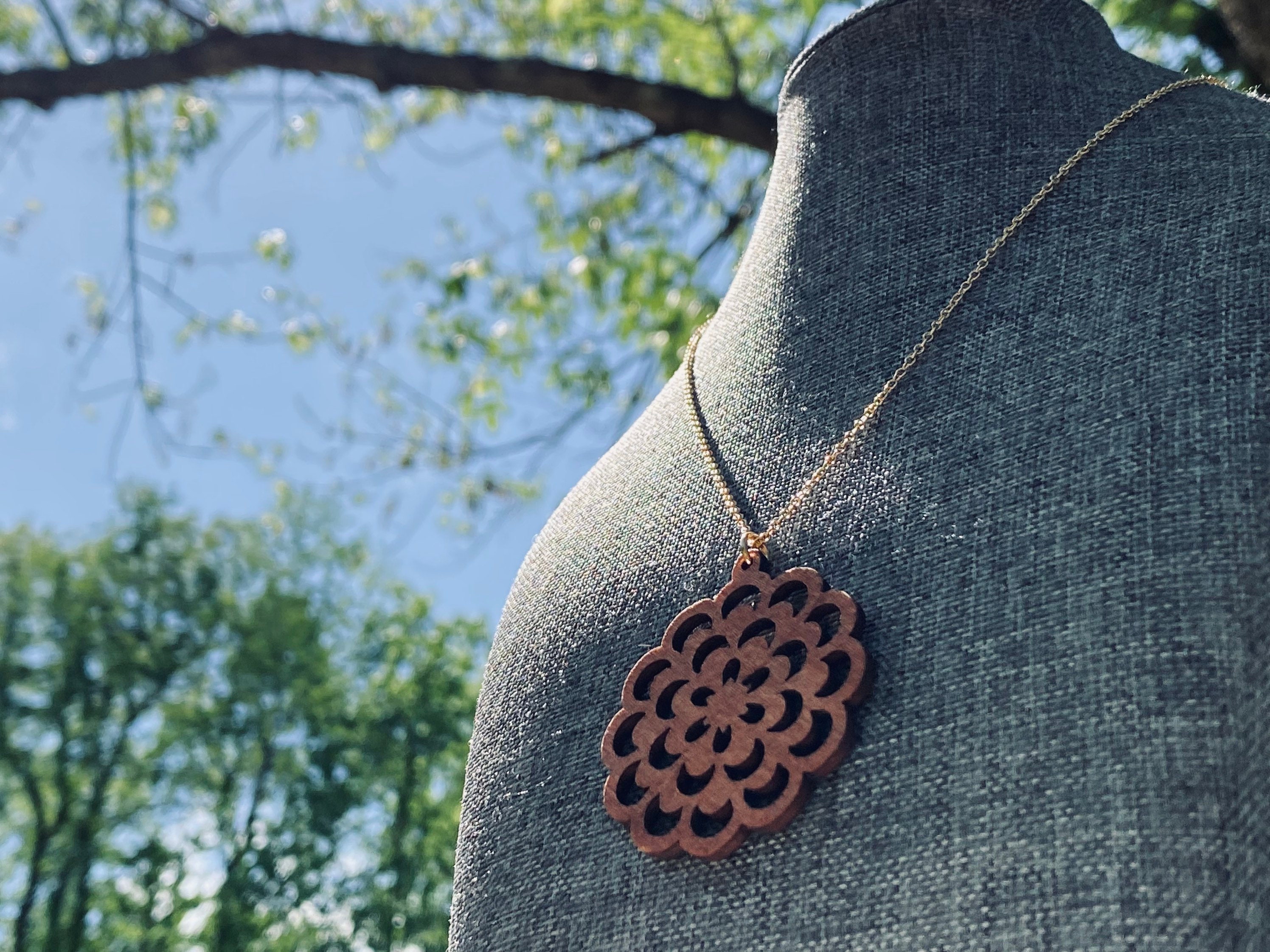 Wood Pendant - Mandala Boho Necklace - Flower Necklace