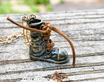Outdoor Adventure - Boot Charm - Hiking Boot - Brass Hiking Boot - Boot Necklace - Antique Brass Necklace