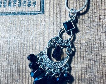 Black Crystal Drop Pendant - Sterling Silver Vintage Style