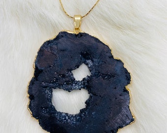 Black Druzy Geode Slice Necklace - Raw Quartz Crystal Pendant