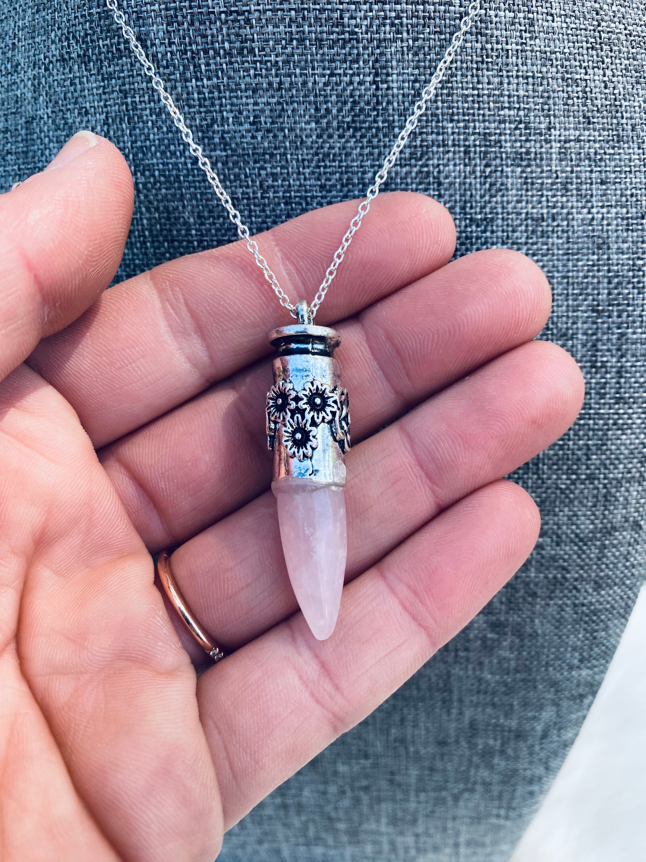 Rose Quartz - Quartz - Antique Silver- Flower Wrapped
