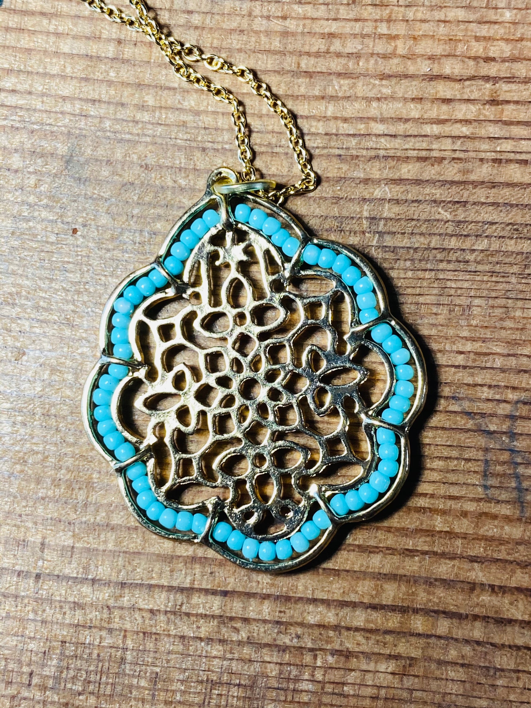 Gold Filigree Pendant Necklace: Turquoise Beaded Moroccan Jewelry