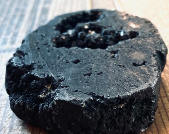 Black Druzy Geode Pendant Necklace: Raw Quartz Crystal Slice