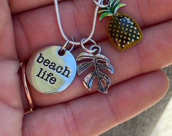 Beach Charm Necklace: Silver Pineapple, Monstera Leaf, Beach Life