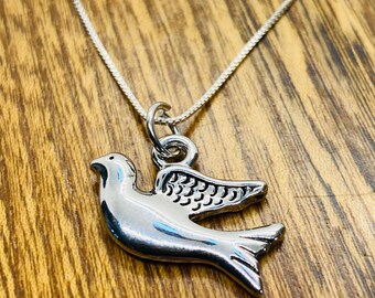 Collana Colomba Della Pace In Argento Sterling 925 - Ciondolo Uccellino Fede Cristiana - 45 Cm