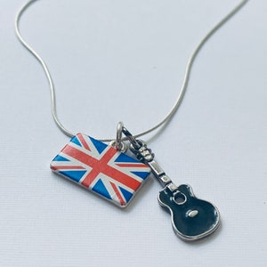 British Flag Guitar Charm Necklace: Sterling Silver Music Jewelry