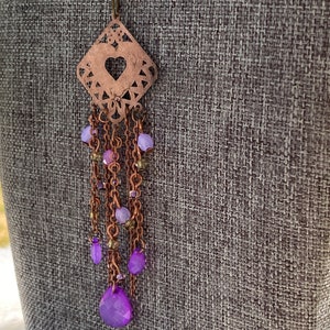 Bronze Heart Necklace: Purple Beaded Tassel Pendant