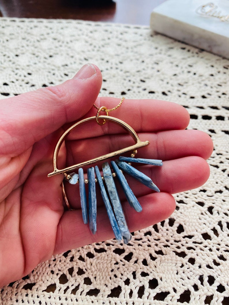 Geometric Gold Necklace Blue Crystal Necklace Stone Jewelry Blue Kyanite Selenite Pendant Boho Chic Crystal Necklace