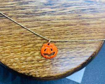 Halloween Jack-o-lantern Pendant - Pumpkin Charm Necklace - Gold Necklace