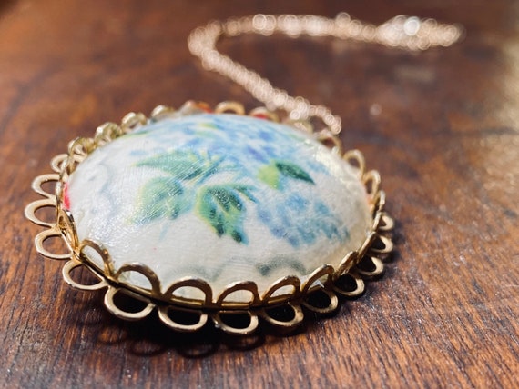 Floral Pendant - Vintage Floral Necklace - Blue F… - image 3