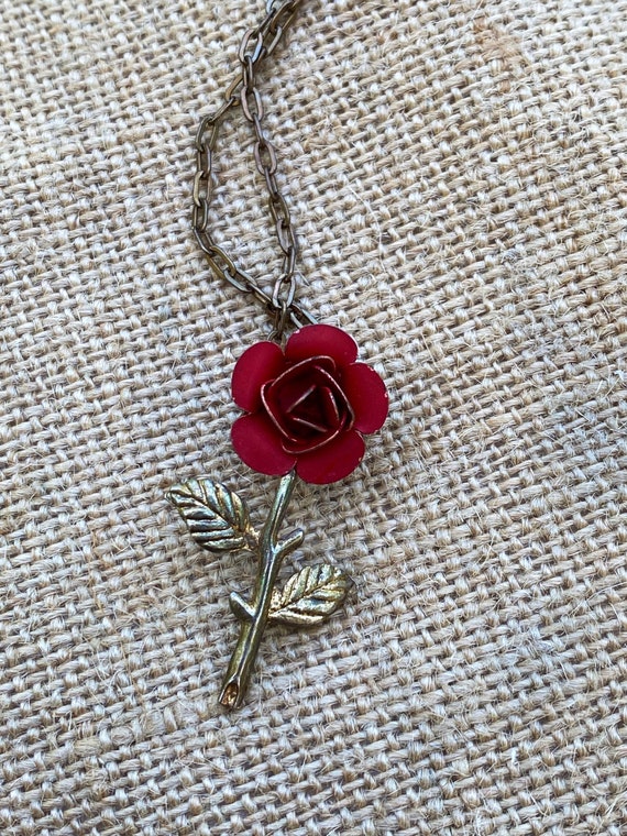 Vintage Rose Pendant - Red Porcelain Rose - Bronze