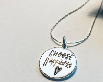 Choose Happy Pendant - Circle Charm - Silver Necklace - JustBeadItByDrue